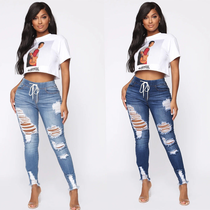 Women’s Fashion Stretch Ripped Skinny Jeans – Cotton-Rich Denim in Dark & Light Blue, S–2XL