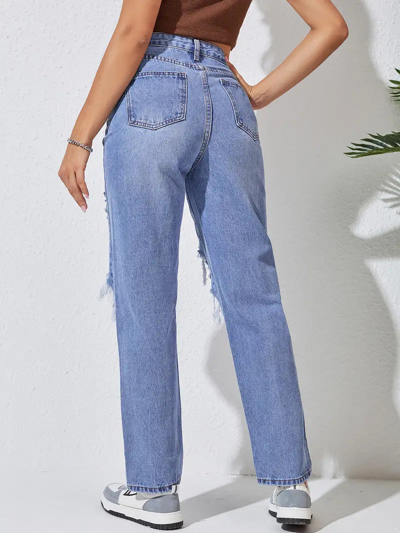 Women’s High-Waist Ripped Straight-Leg Jeans – Distressed Blue Denim, XS–L