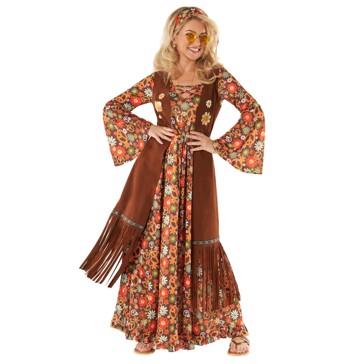 Women's Retro Hippie Costume Set – 70s Flower Power Dress with Vest