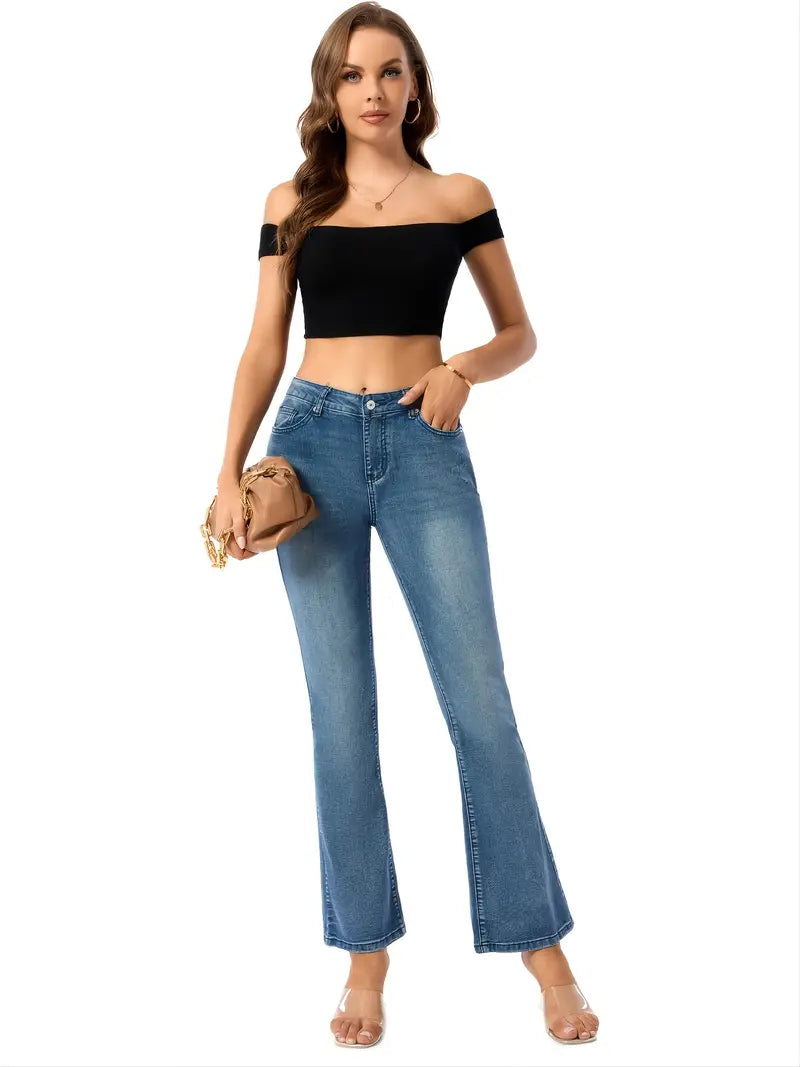 Women’s Blue High-Waist Flared Jeans – Micro-Elastic Slim-Fit Denim, S–XL