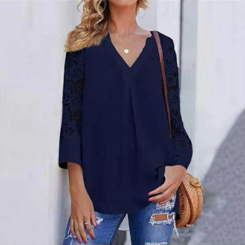 Loose-Fit Lace-Trimmed V-Neck T-Shirt for Women