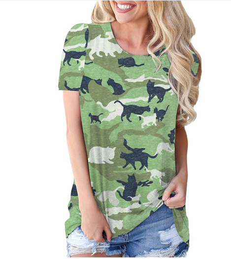 Casual Camouflage Cat Print T-Shirt for Women