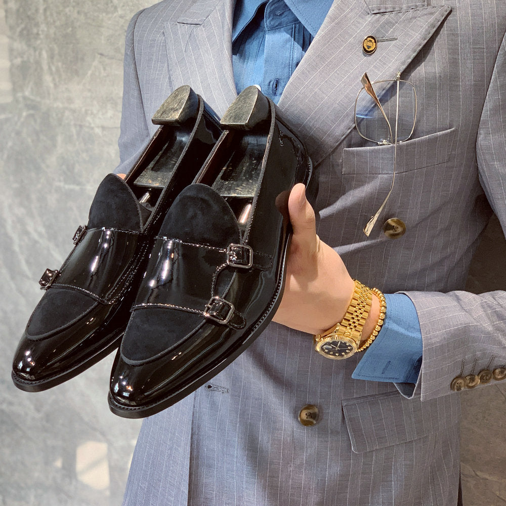 Men’s Black Leather Monk Loafers – Classic Low-Cut Dress Shoes