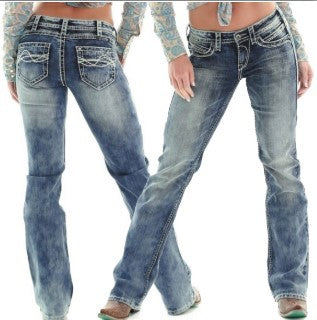 Women’s Slim-Fit Embroidered Distressed Jeans – Light Blue Cotton Denim Pencil Pants, XS–4XL