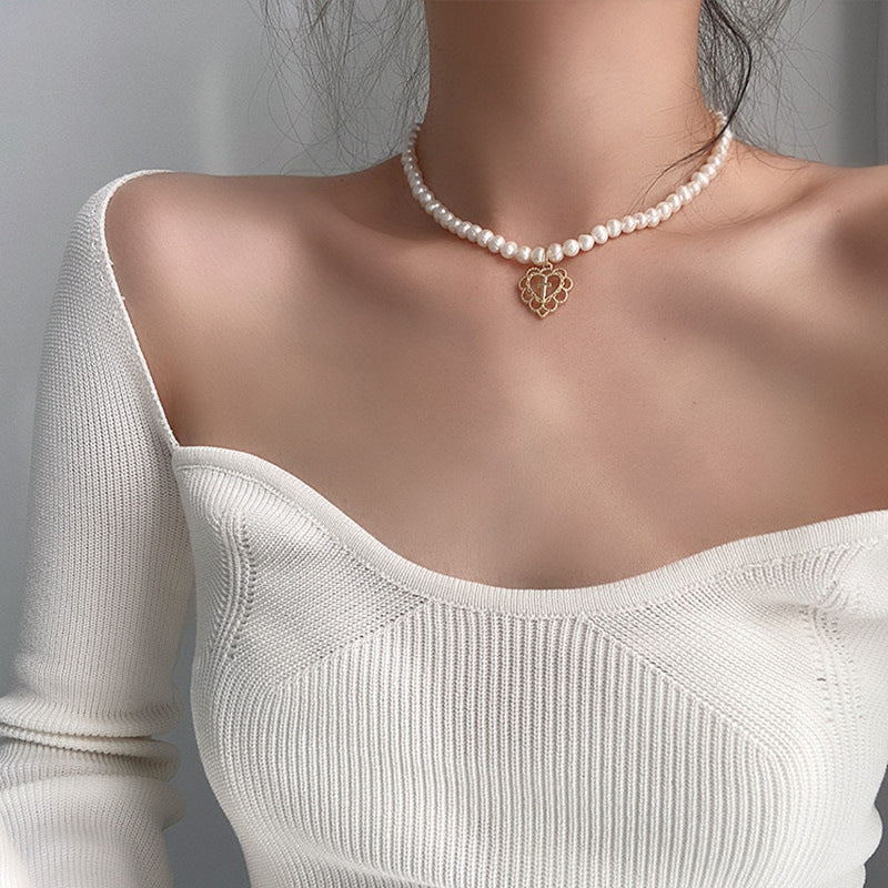 Retro Women's Heart Cross Pendant Pearl Choker Necklace