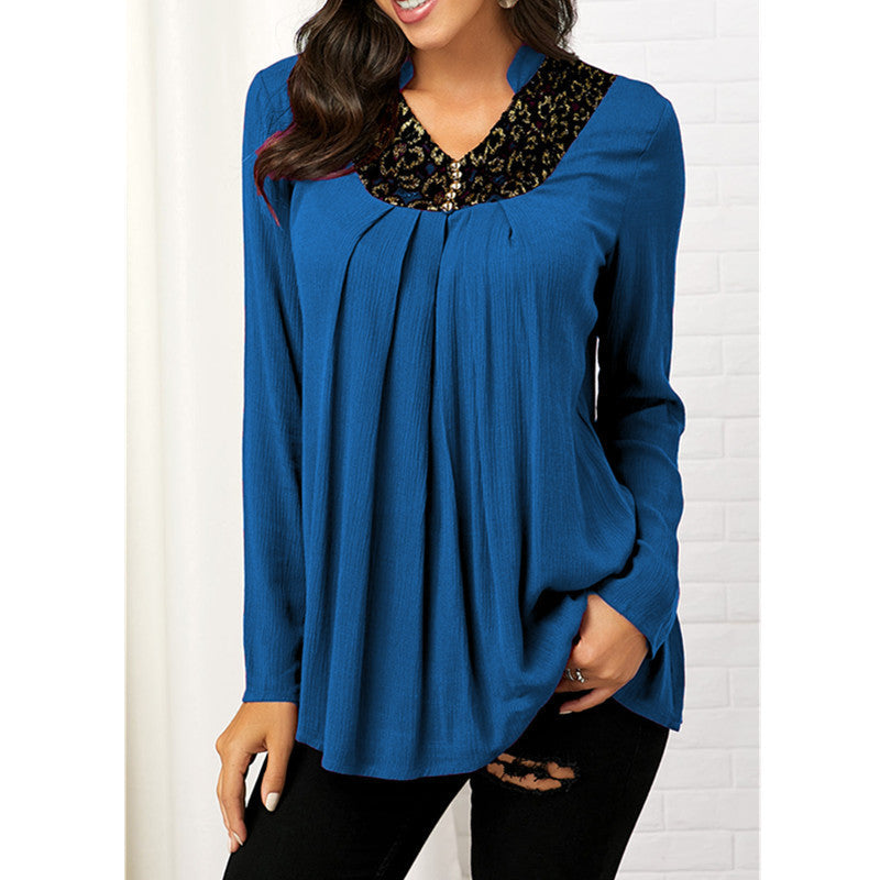 Women's V-Neck Floral Print Lace Top – Long Sleeve Slim Fit Blouse