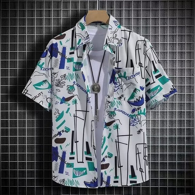 Men’s Summer Graffiti Polo Shirt – Breathable Ice Shreds Print Loose Fit Short Sleeve Shirt, M–3XL