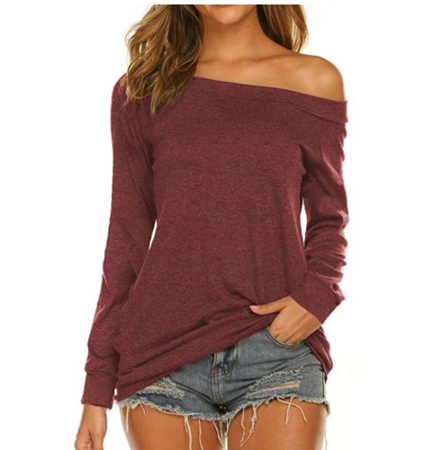 Off Shoulder Long Sleeve Round Neck T-Shirt for Women