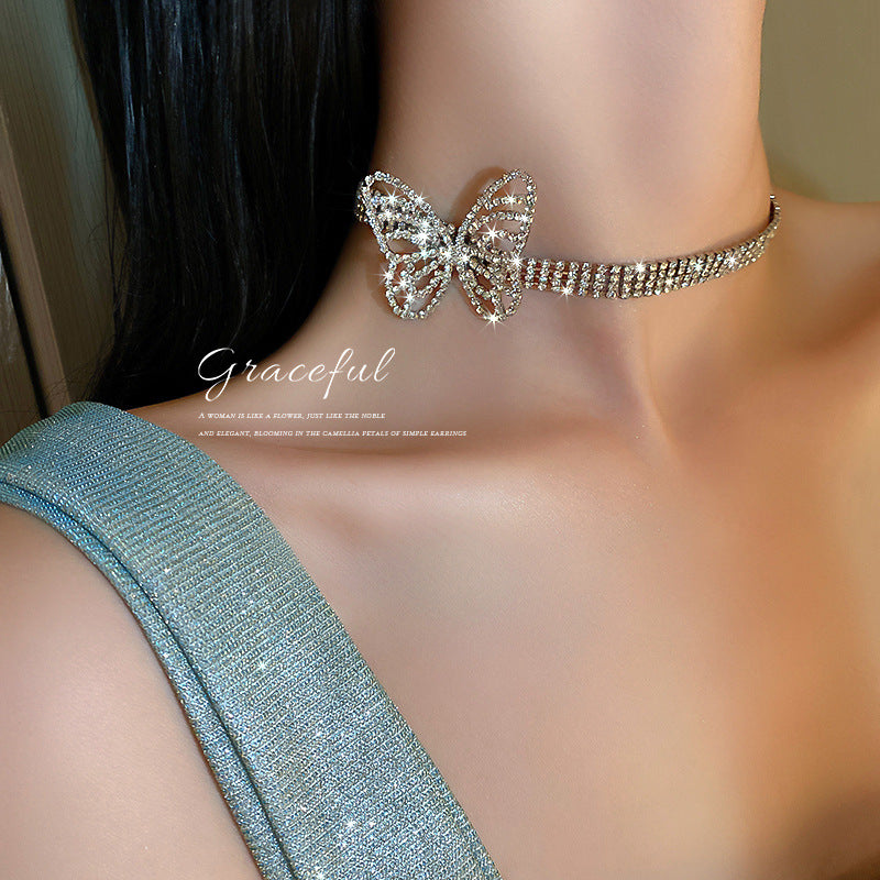 Trendy Exaggerated Butterfly Choker Necklace with Diamonds
