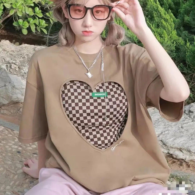 Korean Plaid Oversized T-Shirt Two-Piece Set for Women