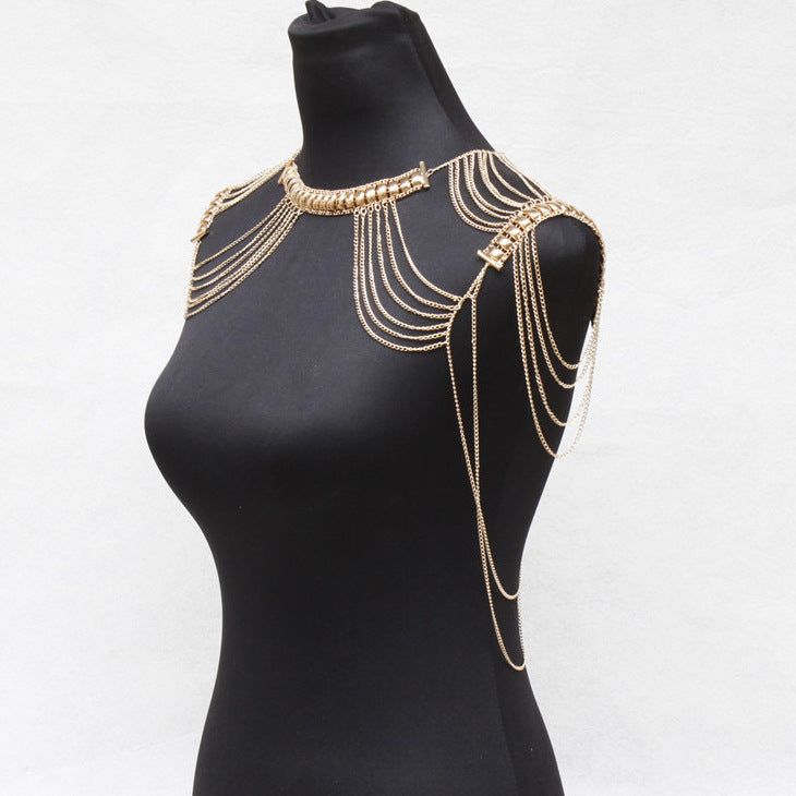 Women’s Exaggerated Metal Fringe Body Chain – Multi-Layer Tassel Shoulder Necklace, Gold & Silver