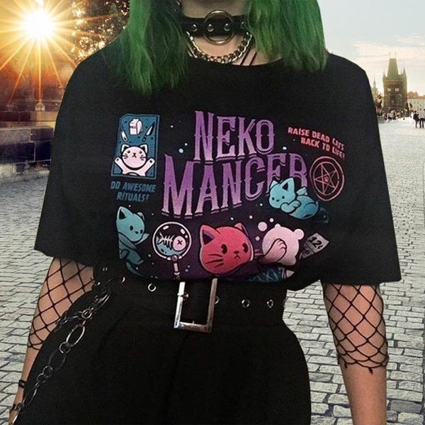 Fashionable NEKO MANCER Graphic T-Shirt for Women
