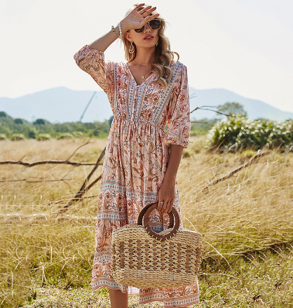 WOLFF Bohemia Floral V-Neck Dress for Women