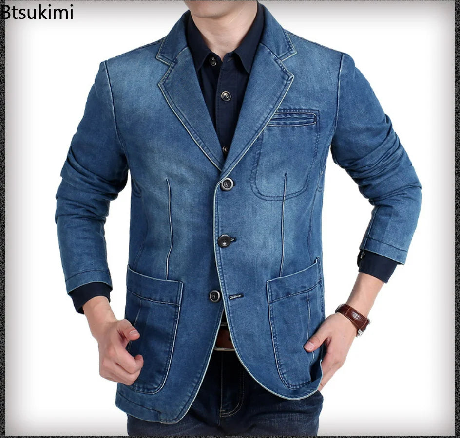 Men’s Slim-Fit Denim Suit Jacket – Modern Casual Formal Blazer