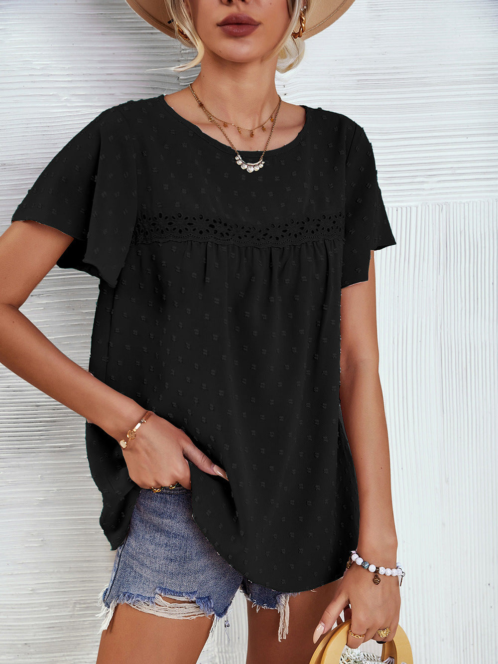 Women’s Solid Color Lace Babydoll Top – Short Sleeve Summer Blouse