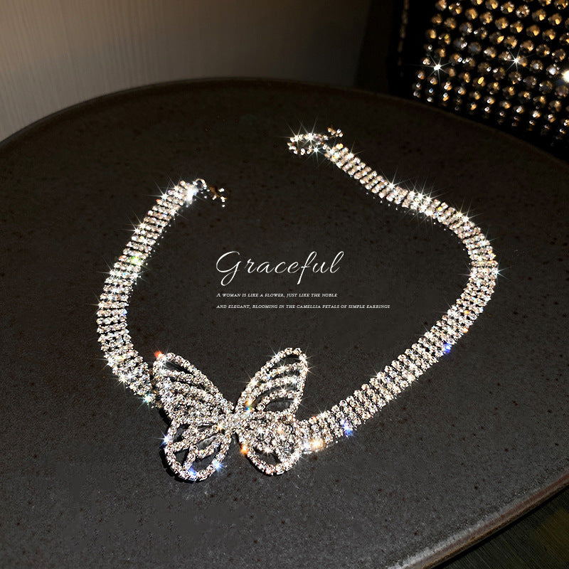 Trendy Exaggerated Butterfly Choker Necklace with Diamonds