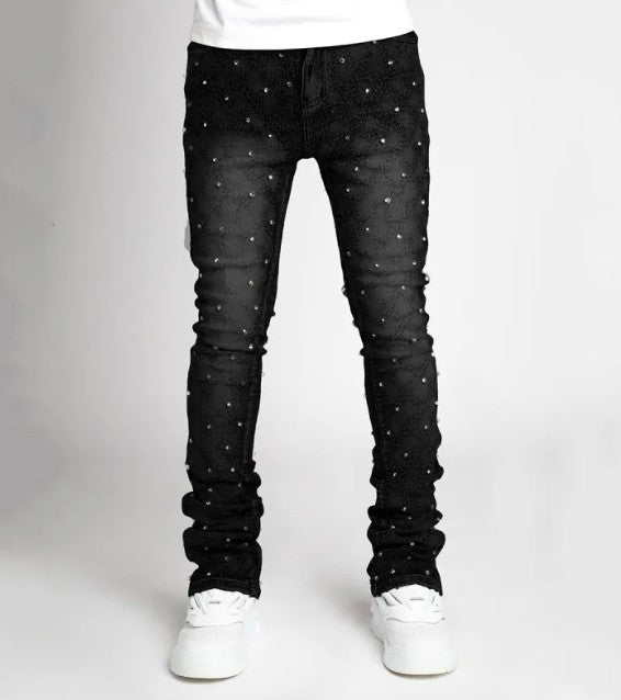 Slim-Fit Rhinestone Embellished Denim Jeans – Stacked Straight-Leg Blue & Black Fashion Jeans, S–2XL