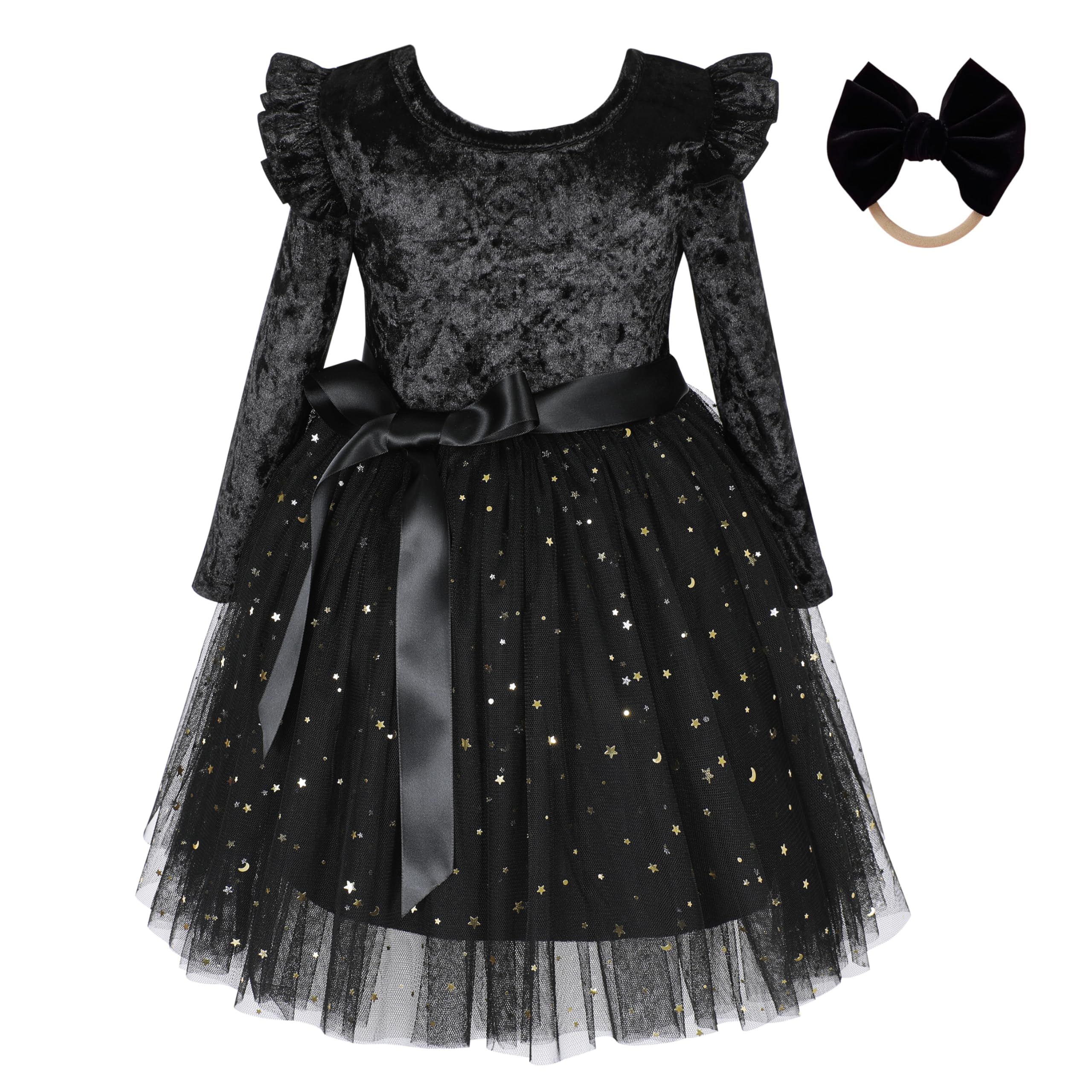 Toddler Velvet Tutu Dress – Long Sleeve Ruffle Dress with Headband for Special Occasions