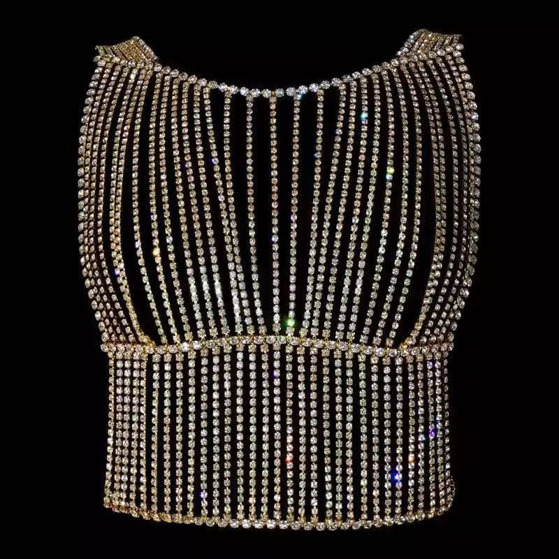 Rhinestone Fringe Body Chain Top – Adjustable Crystal Statement Jewelry, Gold & Silver Plated