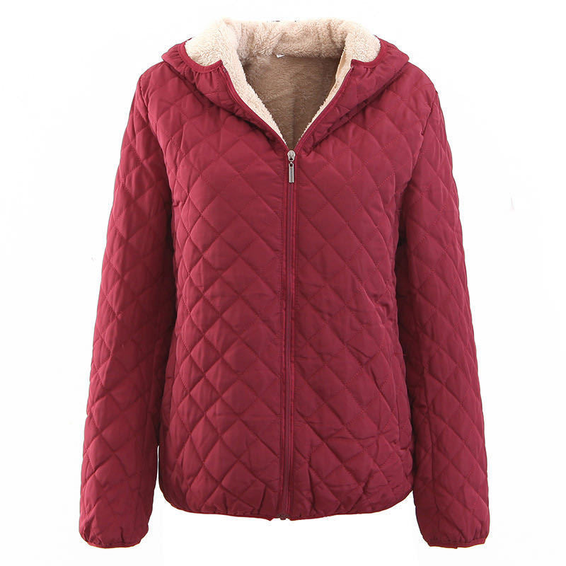 Women’s Plus Size Korean Plaid Fleece Jacket – Hooded Lamb Fleece Winter Coat, 10 Colors, S–3XL