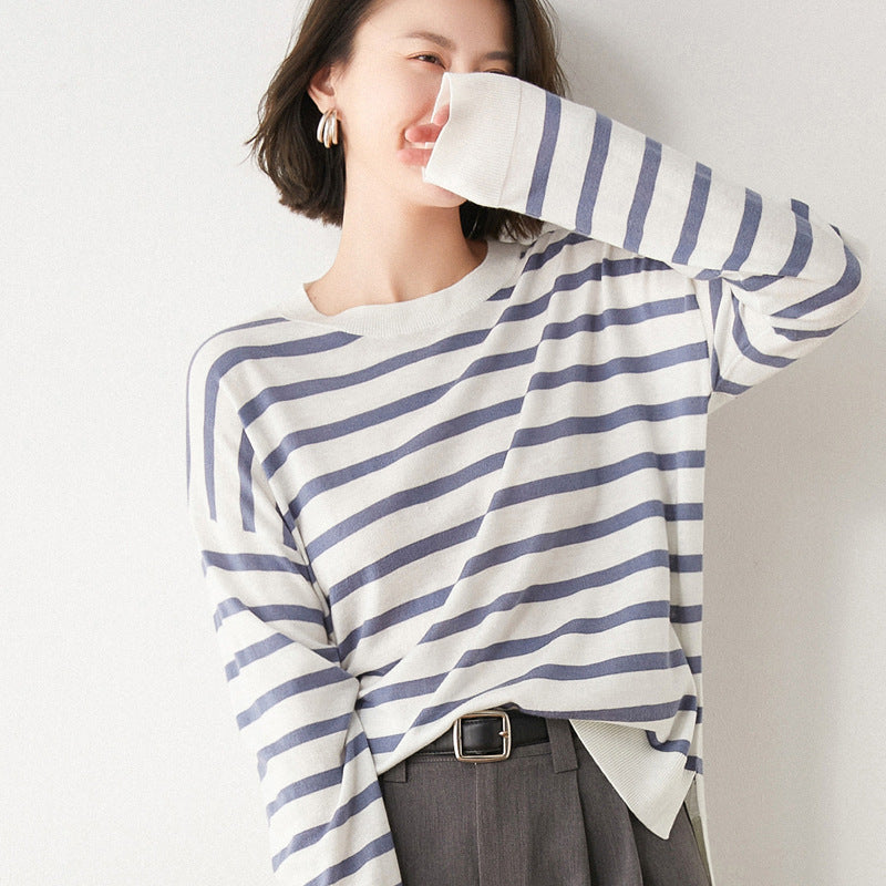 Striped Long Sleeve Round Neck T-Shirt for Women
