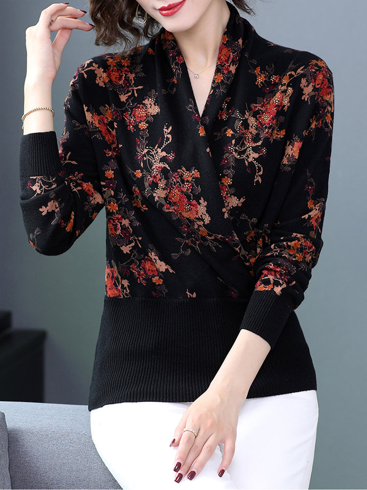Women’s Chinese Style Autumn Print Pullover Sweater – Half Turtleneck Long Sleeve Knit Top, 7 Colors, XL–3XL