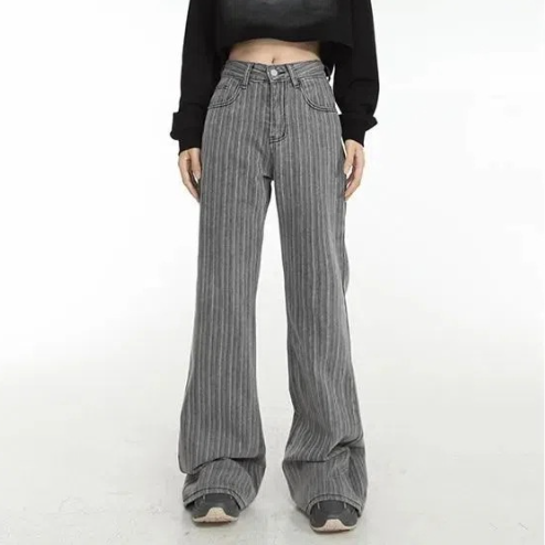 Women’s High-Waisted Striped Wide-Leg Jeans – Casual Statement Denim Pants