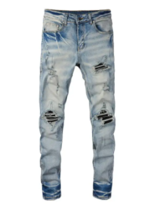 Men’s Ripped Patch Straight-Leg Jeans – Korean Street Style Vintage Washed Blue Denim, Sizes 28–35