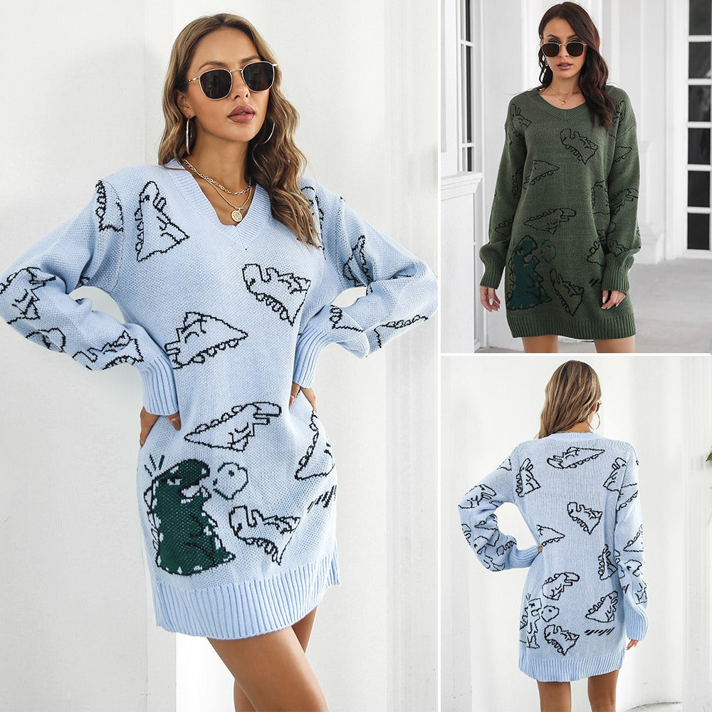 Women’s Dinosaur Cartoon V-Neck Sweater Dress – Jacquard Loose Knit Lantern Sleeve Dress, Blue & Green, S–L