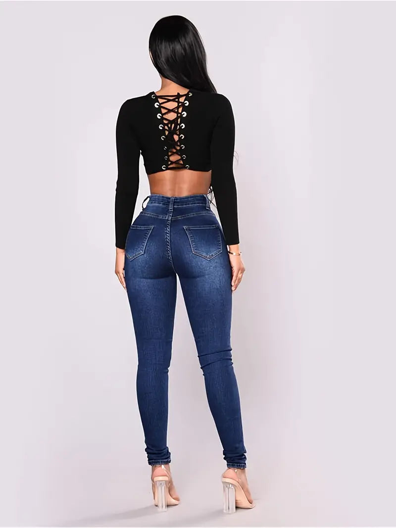 Women’s High-Rise Skinny Fit Stacked Jeans – Solid Color Pencil Denim, S–XXL