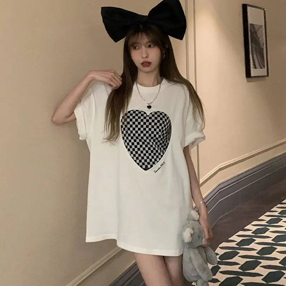 Korean Plaid Oversized T-Shirt Two-Piece Set for Women