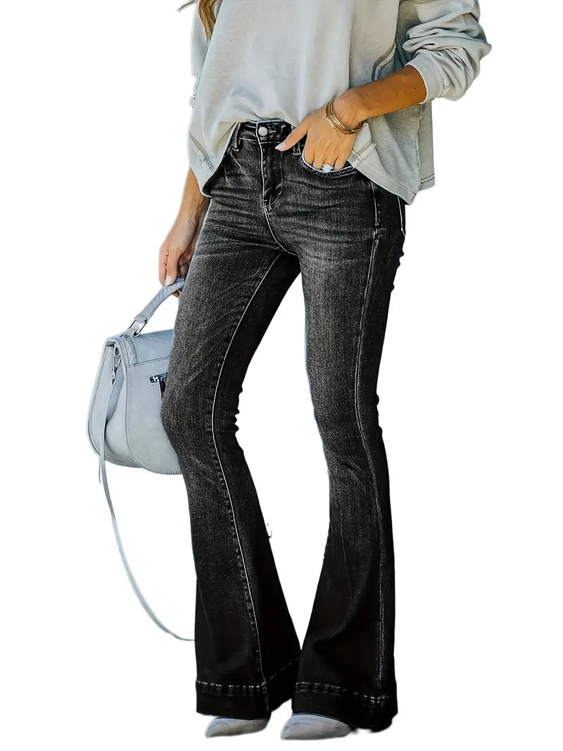 Women’s High-Waist Flared Denim Jeans – Cotton Bell-Bottom Pants with Slash Pockets, S–XXL
