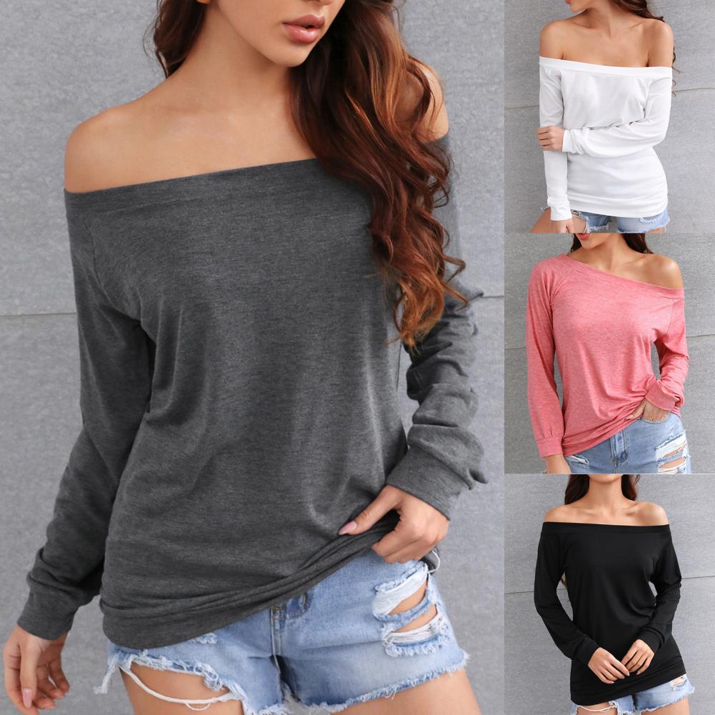 Off Shoulder Long Sleeve Round Neck T-Shirt for Women