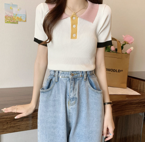 Fashion Color Block Sweet Knit Polo T-Shirt for Women