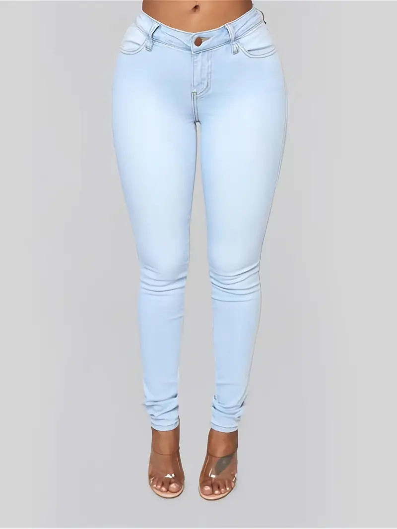 Women’s High-Rise Skinny Fit Stacked Jeans – Solid Color Pencil Denim, S–XXL