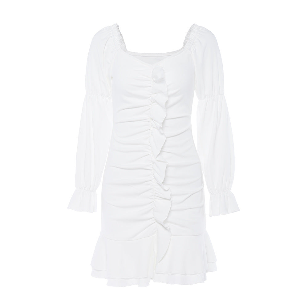 Women’s Off-Shoulder A-Line Dress – Ruffled Lantern Sleeve Elegant Dress