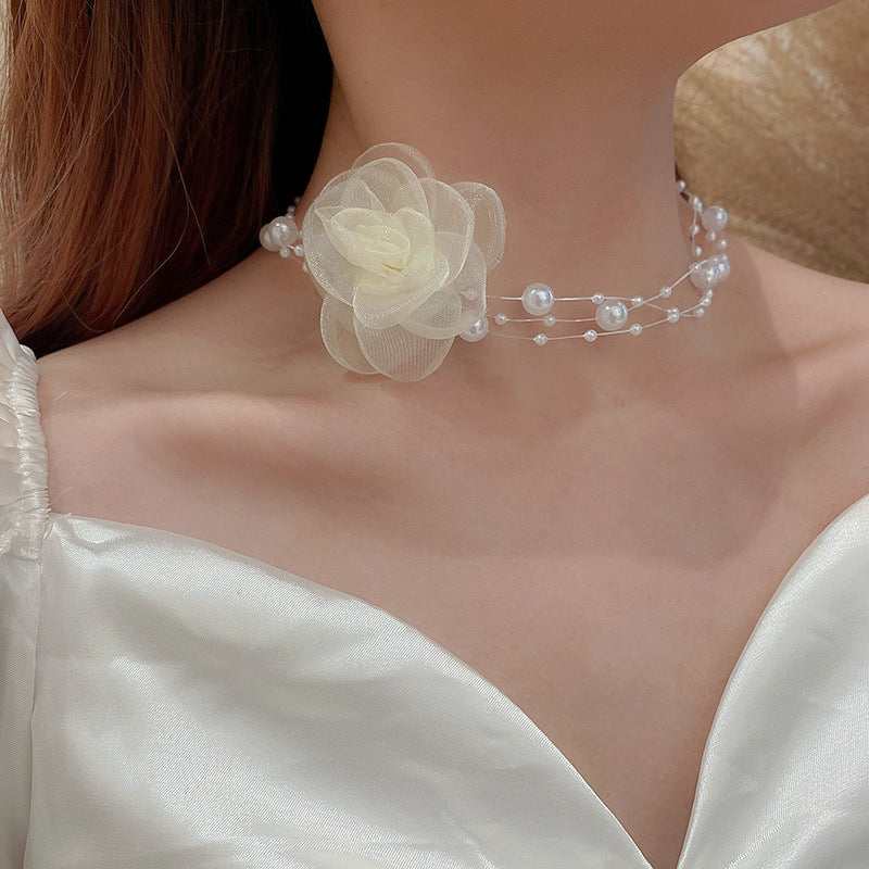 Korean Vintage Pearl Tassel Floral Bow Choker Necklace