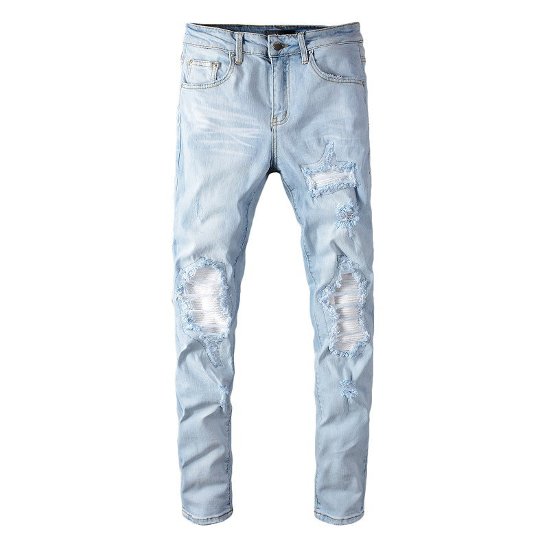 Men’s Light Blue Ripped Patch Slim-Fit Jeans – Cotton Stretch Casual Denim Pants, S–3XL