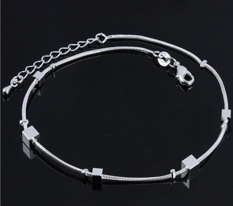 Silver Double Layer Star and Heart Charm Anklet