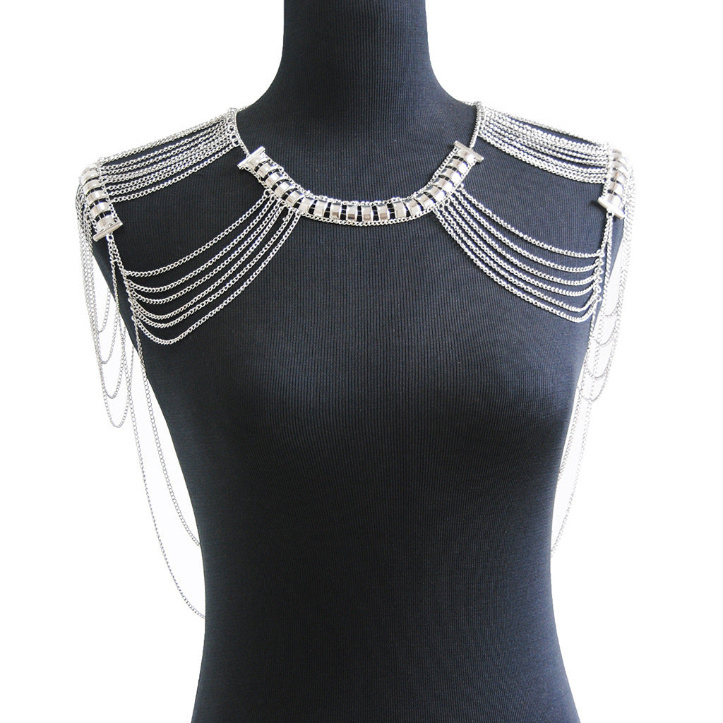 Women’s Exaggerated Metal Fringe Body Chain – Multi-Layer Tassel Shoulder Necklace, Gold & Silver