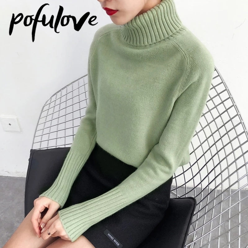 Women’s Korean High-Neck Knitted Sweater – Cotton Long-Sleeve Pullover, 5 Colors, S–XL