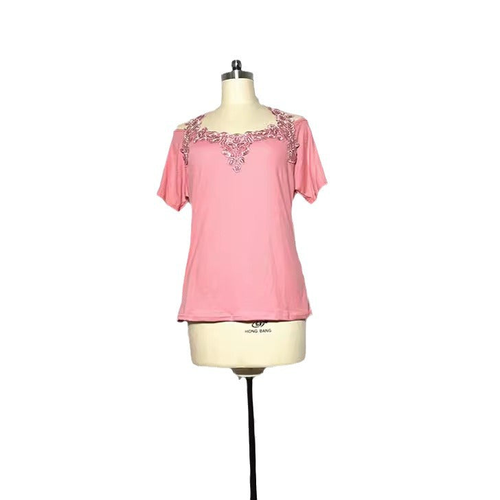 V-Neck Patchwork Lace Casual Loose T-Shirt for Women