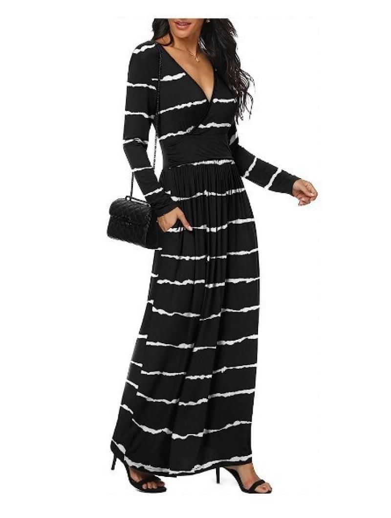 Women’s Geometric Striped Long Dress – Flowing Polyester Casual Maxi Dress, S–5XL