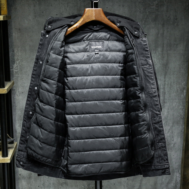 Men’s Thickened Denim Jacket with Hood for Winter