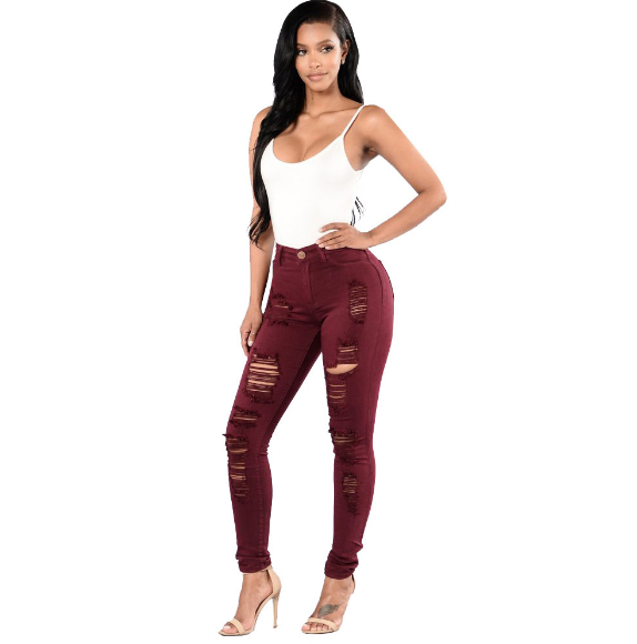 Women’s Ripped Skinny Jeans – High-Stretch Mid-Waist Wine Red Long Denim Pants, S–3XL