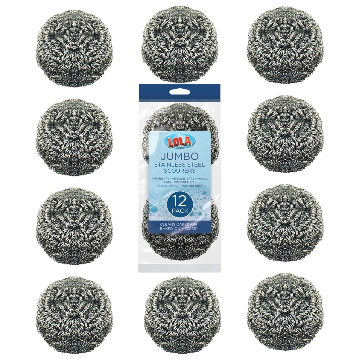 Jumbo Stainless Steel Wool Scourers – 12-Pack Heavy-Duty Cookware Scrubbers