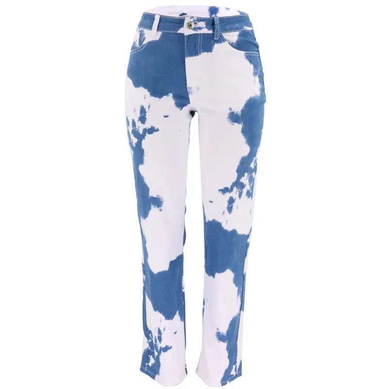 Women’s Tie-Dye Print Straight-Leg Jeans – Stretch Blue Denim Relaxed Fit, XS–2XL