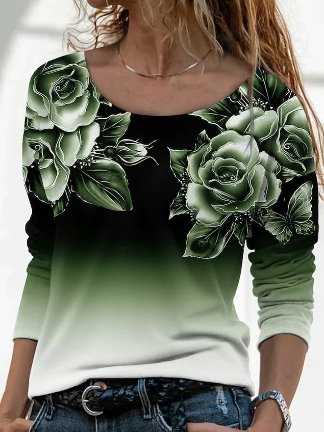 3D Printed Casual Long Sleeve Pullover T-Shirt for Women