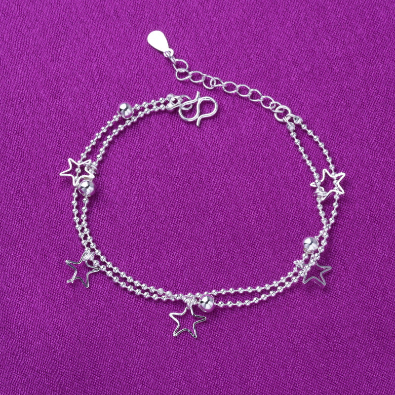 Silver Anklet with Double Layer Star Design - Fashion Jewelry