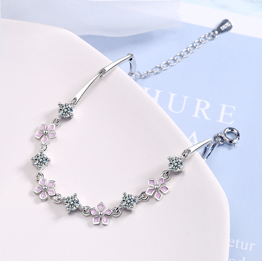 Women’s Cherry Blossom Bracelet – Silver Platinum-Plated Floral Jewelry